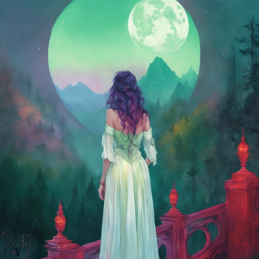 Woman on Magical Bridge in Dreamcore Forest