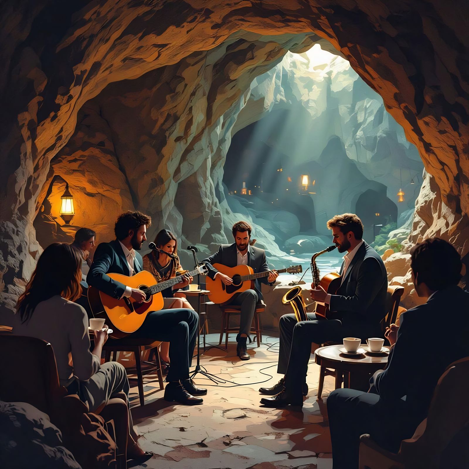 Jazz Bar in Underground Cave with Musicians