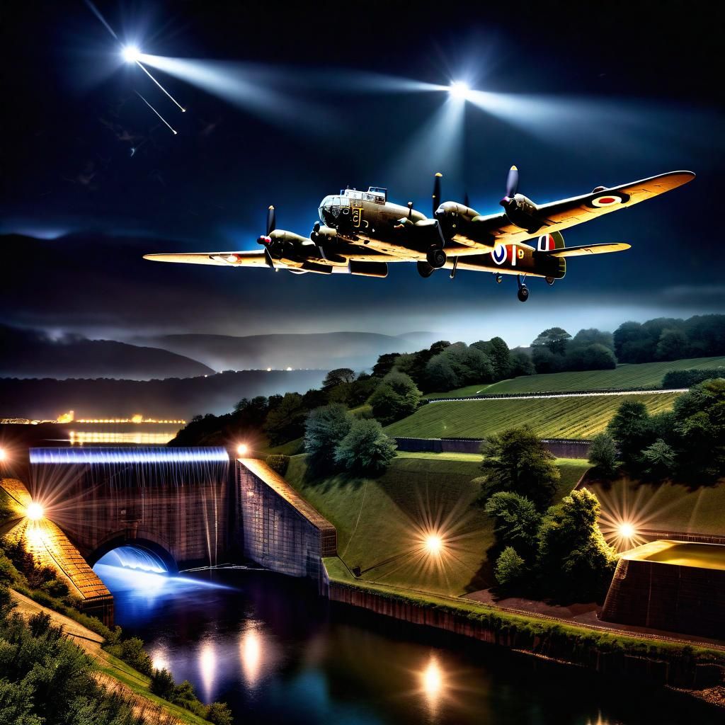 WWII Lancaster Bomber Over Dam at Night