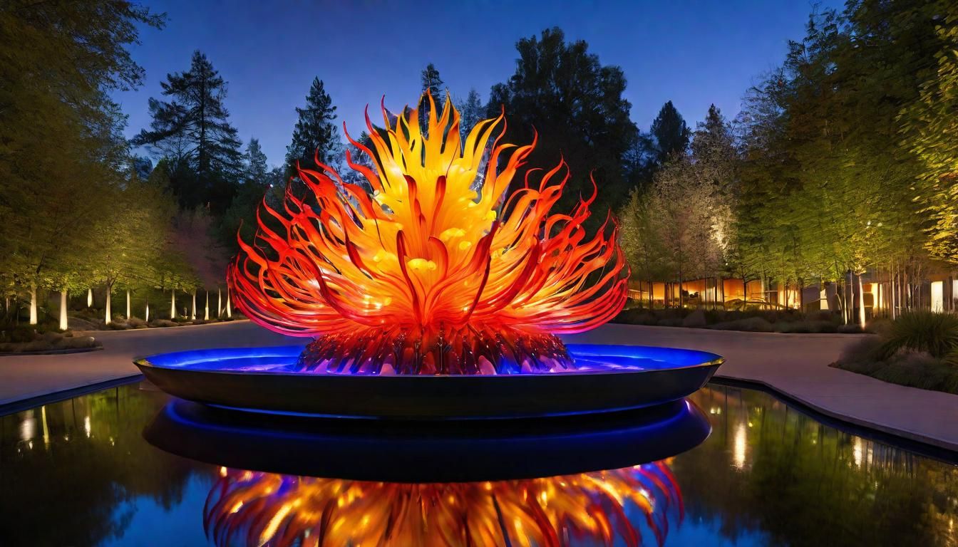Chihuly Glass Flame Fountain in Futuristic Park