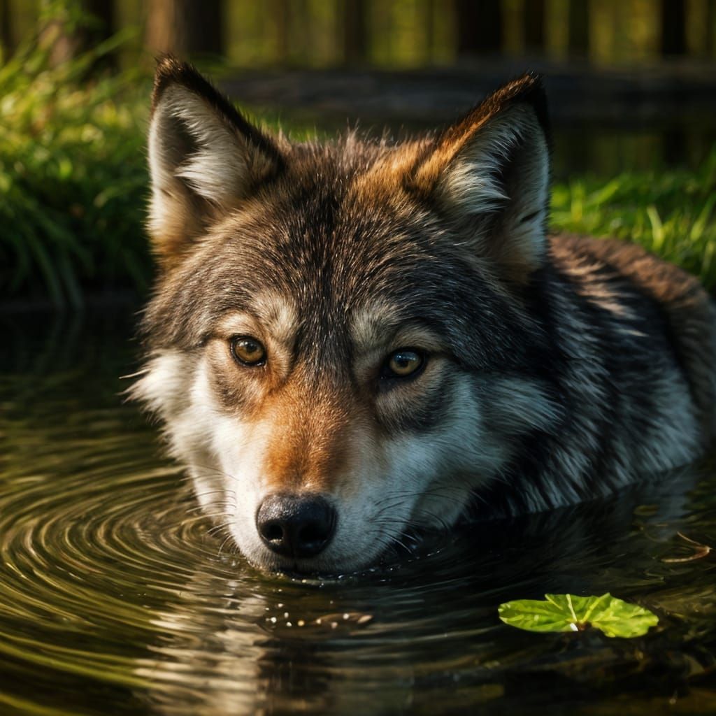 Wolf Pup Contemplates Reflection in Misty Forest