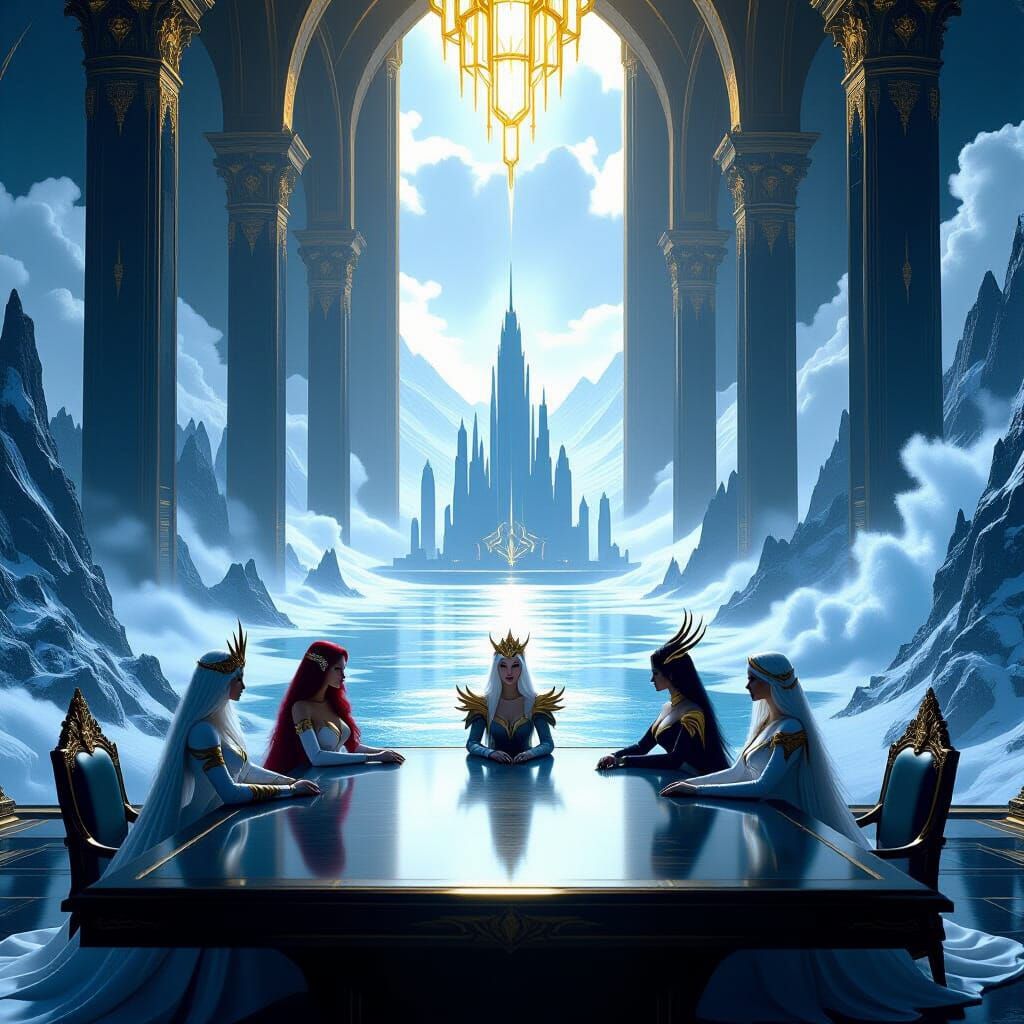 Elegant Queens in Colossal War Hall, Cinematic Scene