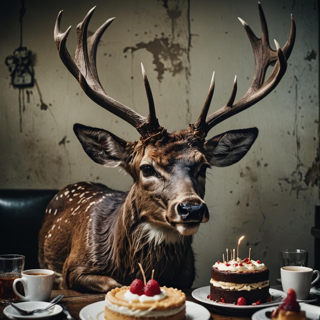 Deer Indulges in Cake: Restaurant Portrait
