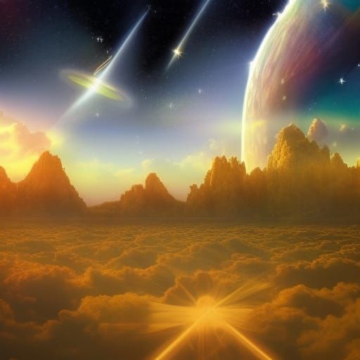 Heavenly Garden Floating in Space with Gold Pillars