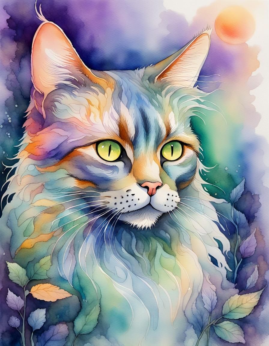Whimsical Cat Portrait in Watercolor Garden