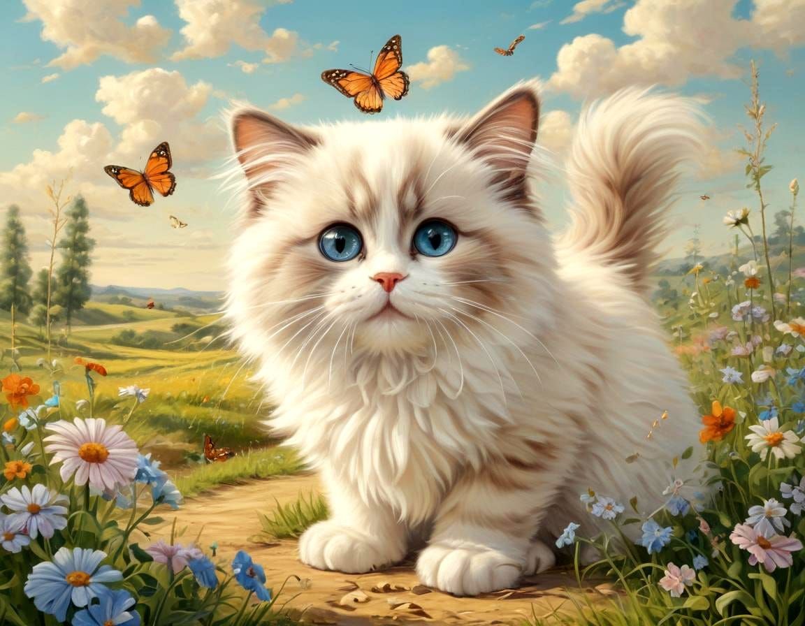 Pixar Style Ragdoll Kitten Plays with Butterfly