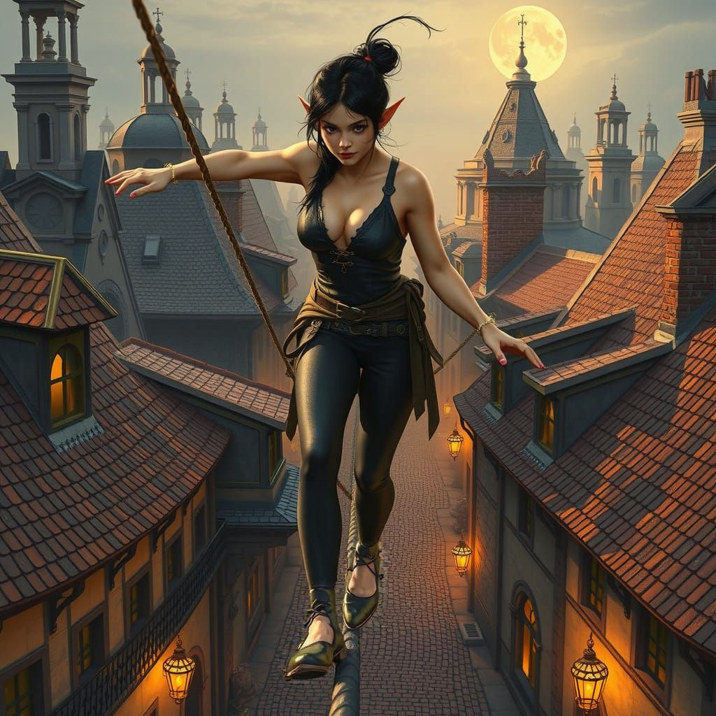 Elegant Fantasy Thief Walks High Wire in Mystical City