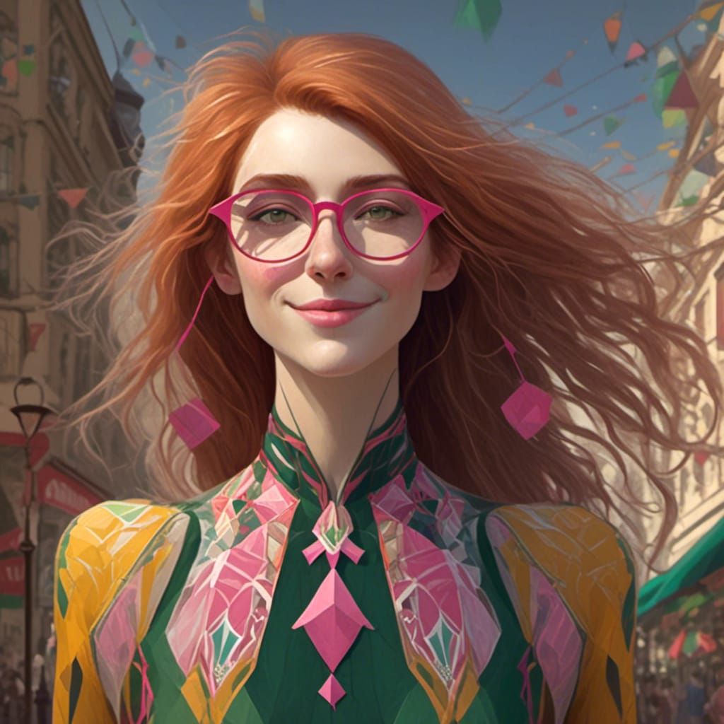 Auburn-Haired Woman with Pink Glasses in Hyperdetailed Portr...