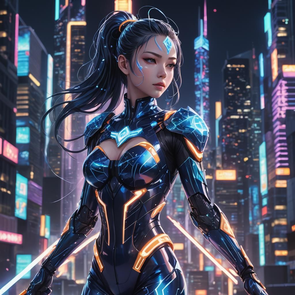 Neon Anime Woman in Futuristic Cityscape
