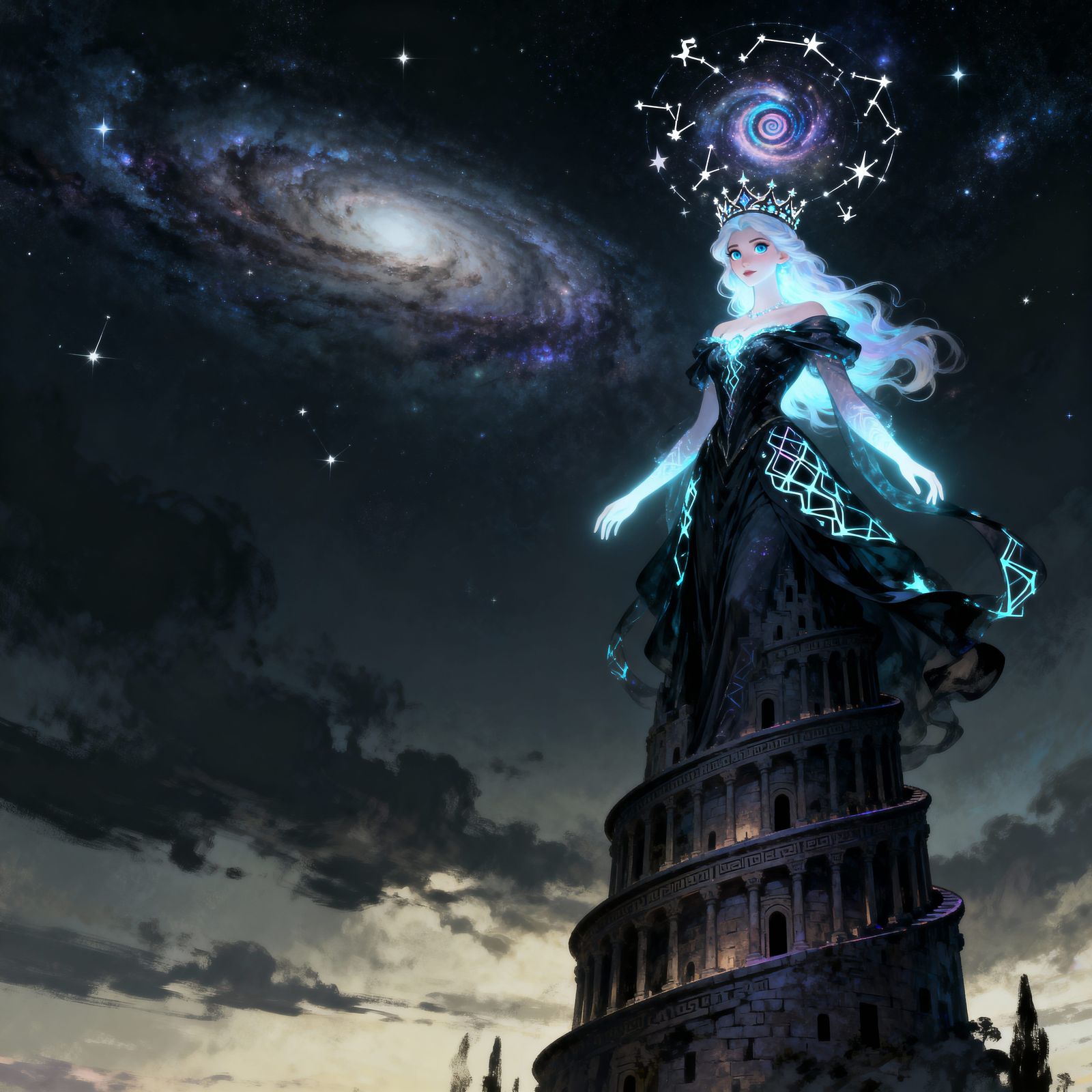 Cosmic Goddess Weaving Stars Atop Tower