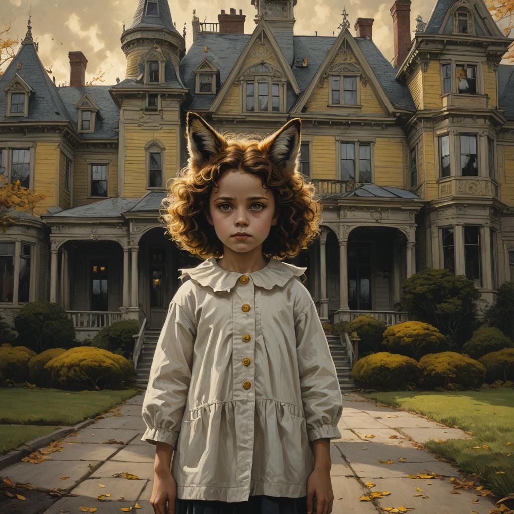 Peculiar Fox Girl in Front of Mansion