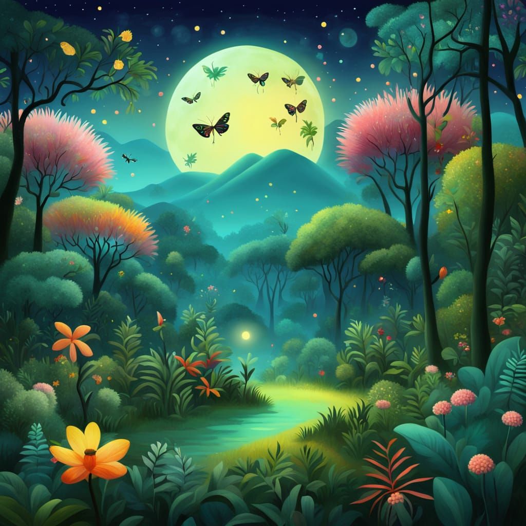 Dreamlike Jungle Landscape in Naive Art Style