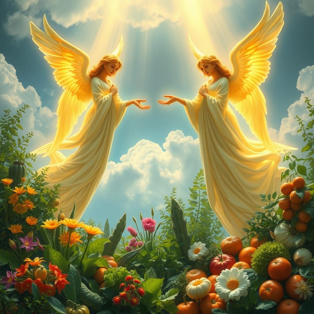 Ethereal Angels Soar Over Vibrant Garden Oasis