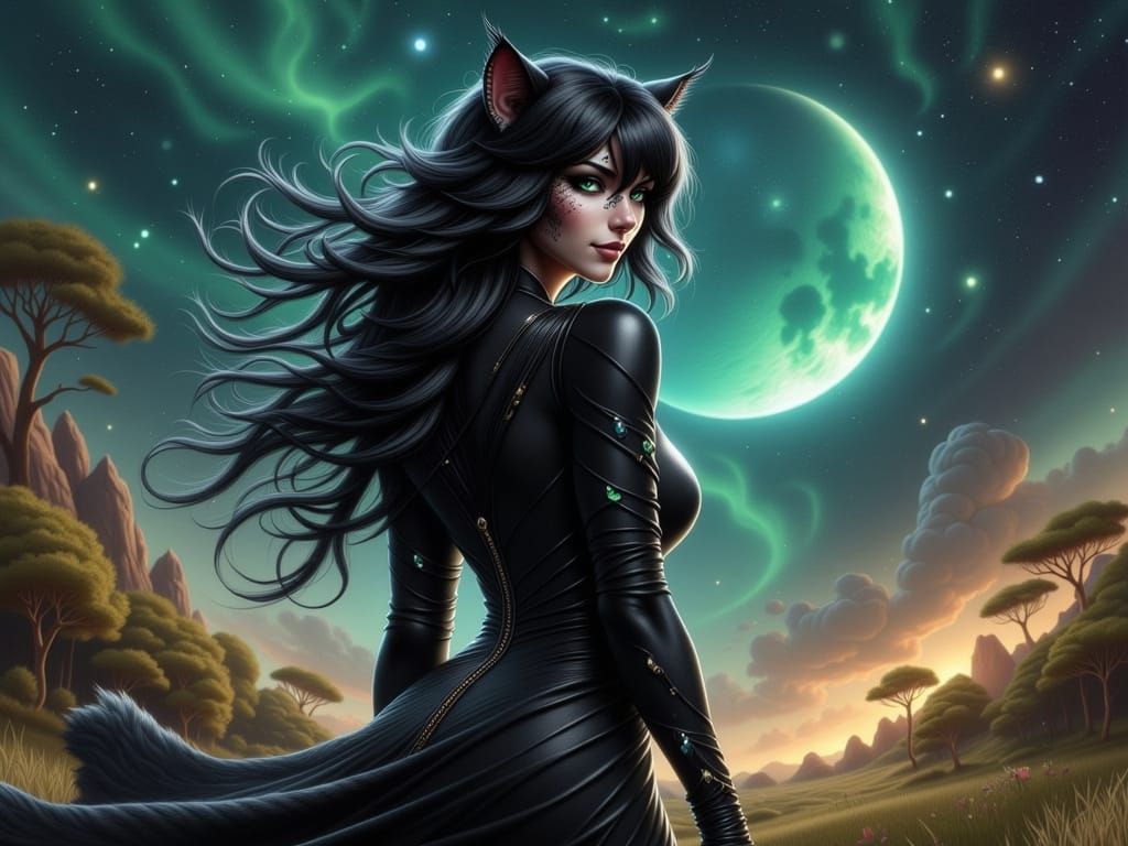 Captivating Cat-Woman Nyx in a Galaxy Landscape