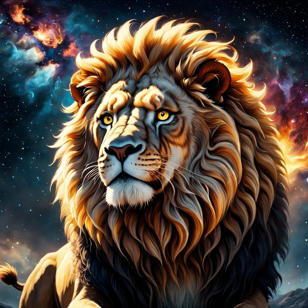 Cosmic Lion Radiates Power and Wisdom in Celestial Splendor