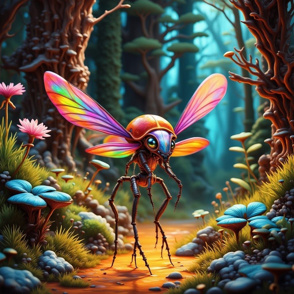 Luminous Ladybug Alien Emerges from Iridescent Mist