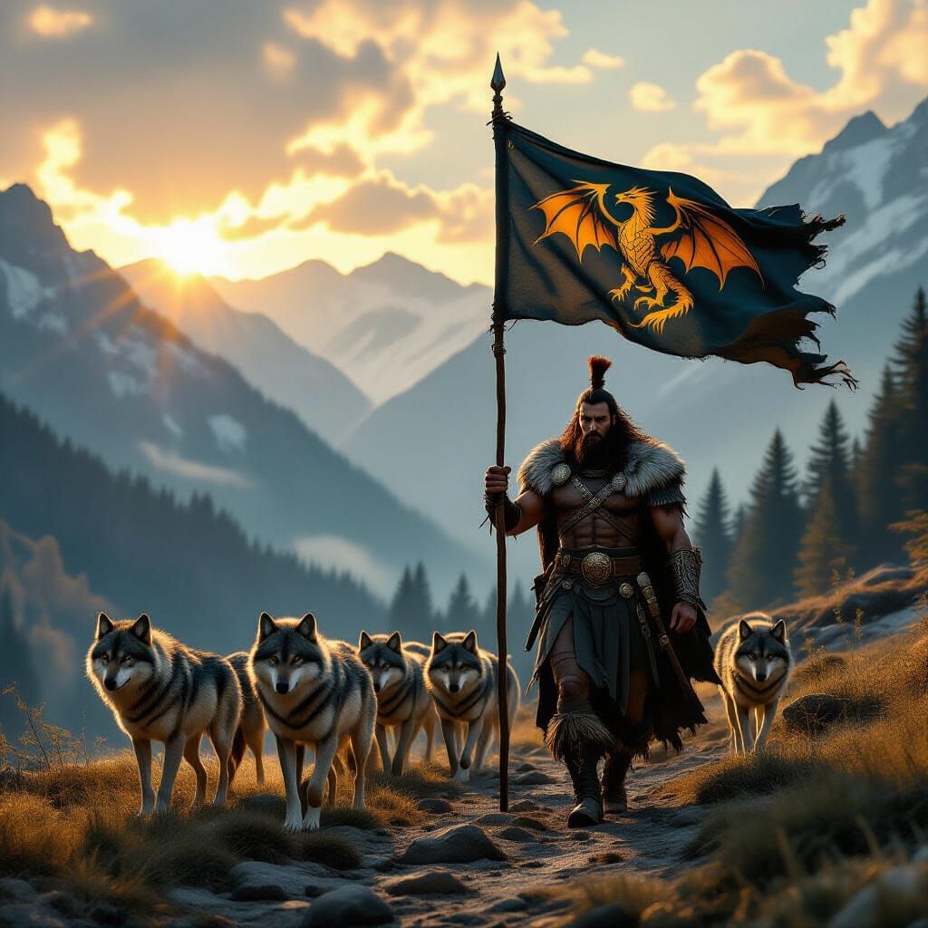 Dacian Warrior with Wolves in Carpathian Mountains