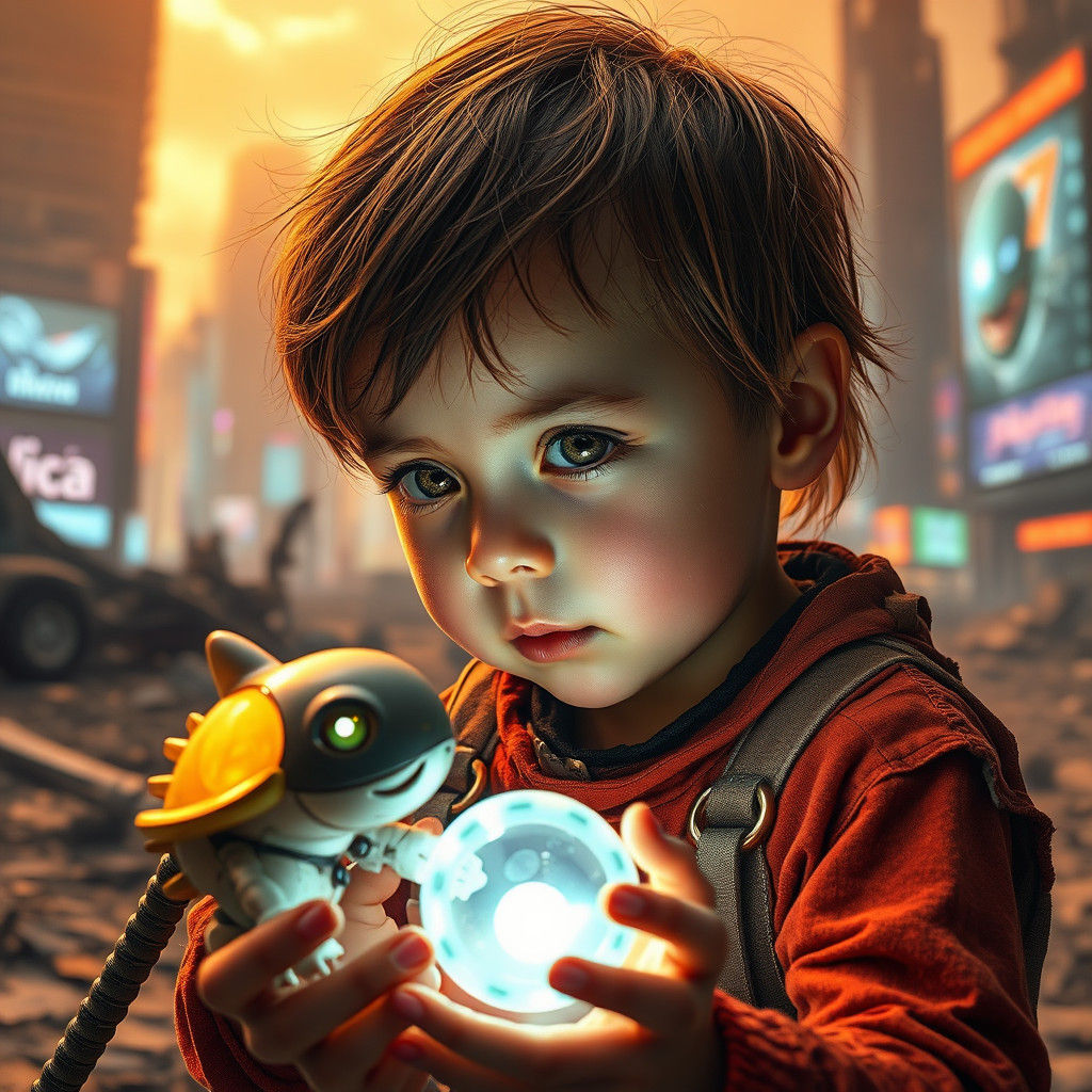 Child and Bioluminescent Toy in Post-Apocalyptic Setting