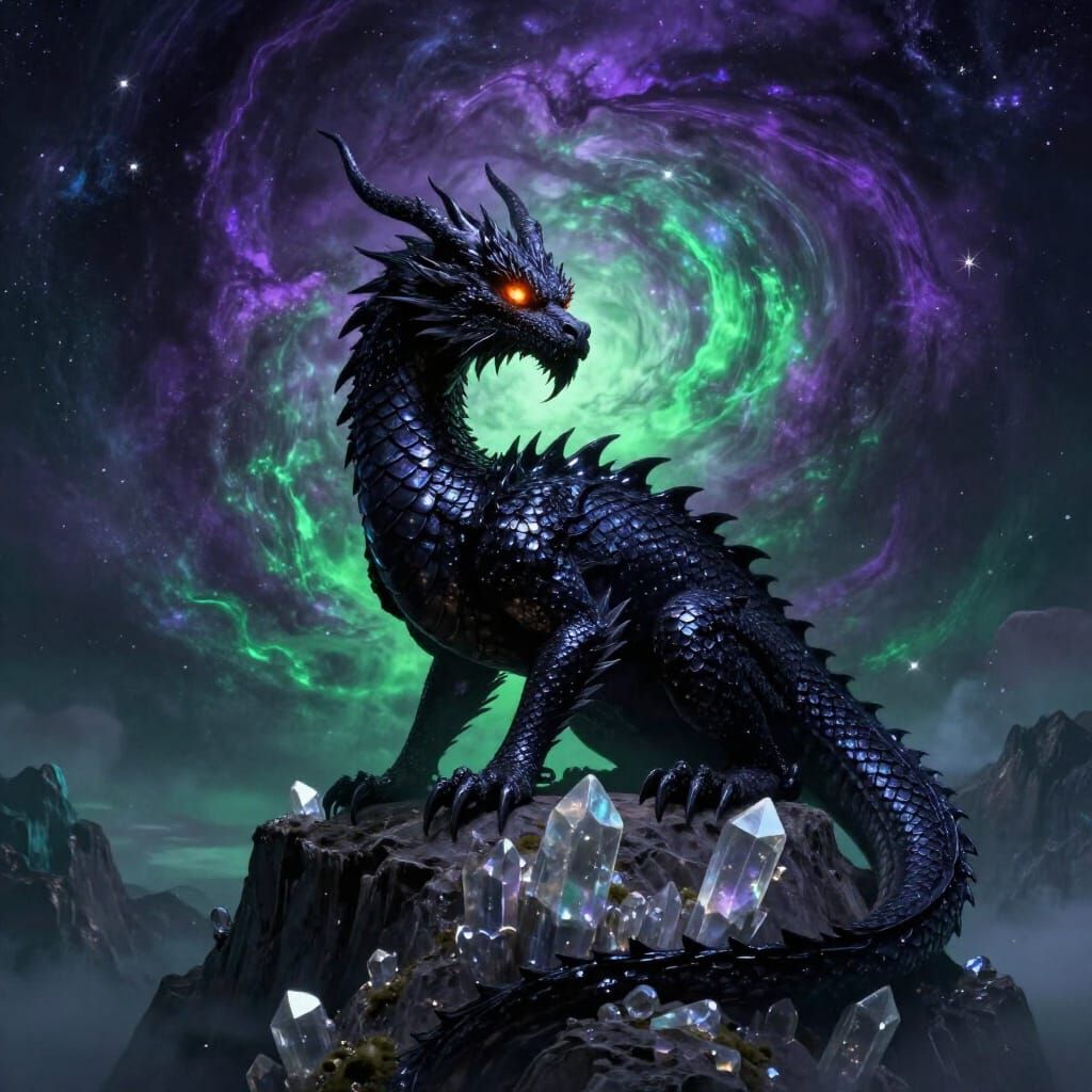 Obsidian Dragon in Cosmic Nebula Sky