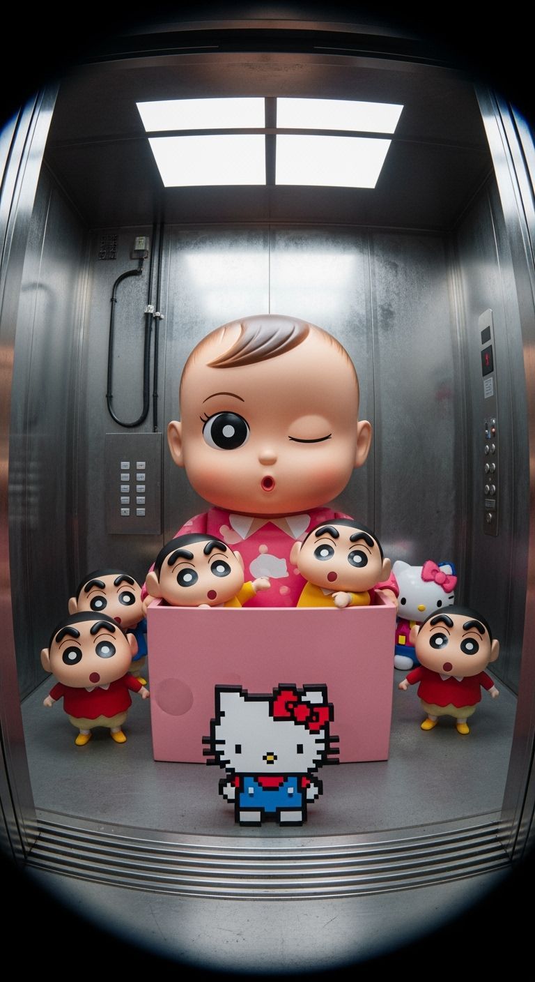 Surreal Fisheye View: Stylized Doll in Metallic Elevator