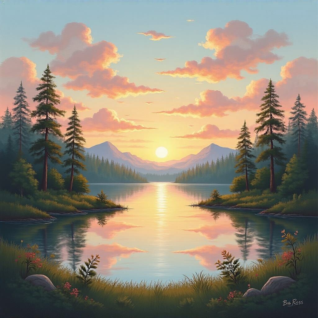 Serene Nature Landscape in Bob Ross Style