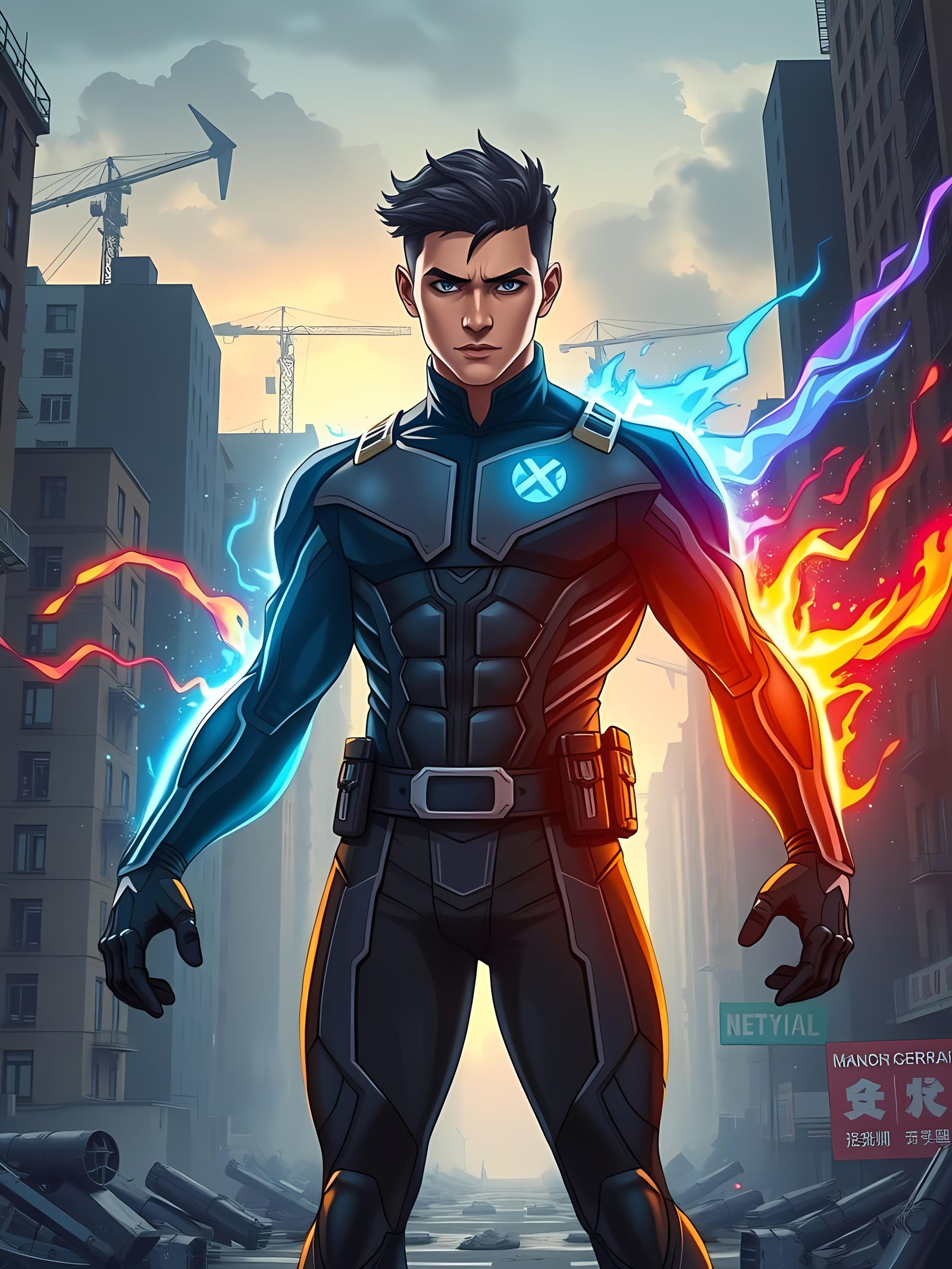 Hispanic Superhero with Prismatic Limbs in Anime Style