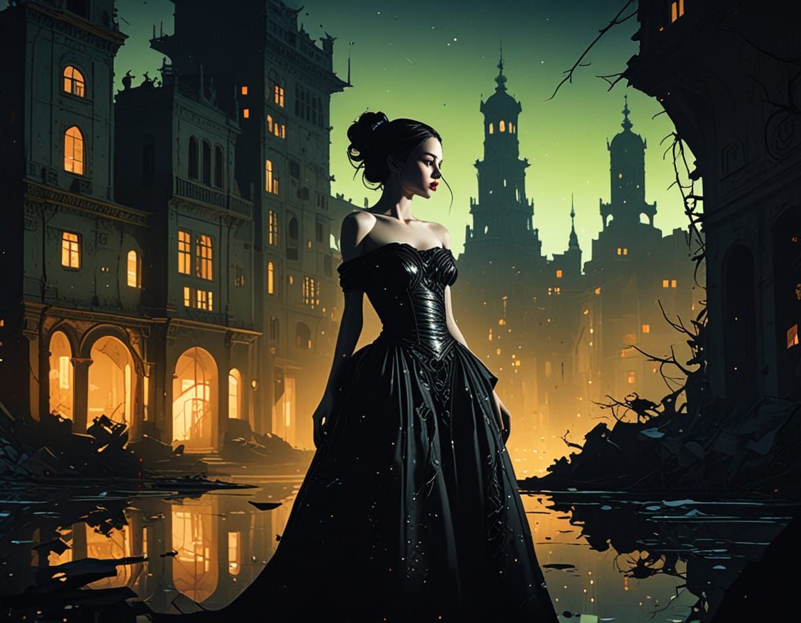 Ectoplasmic Fashion Model in Dystopian Cityscape