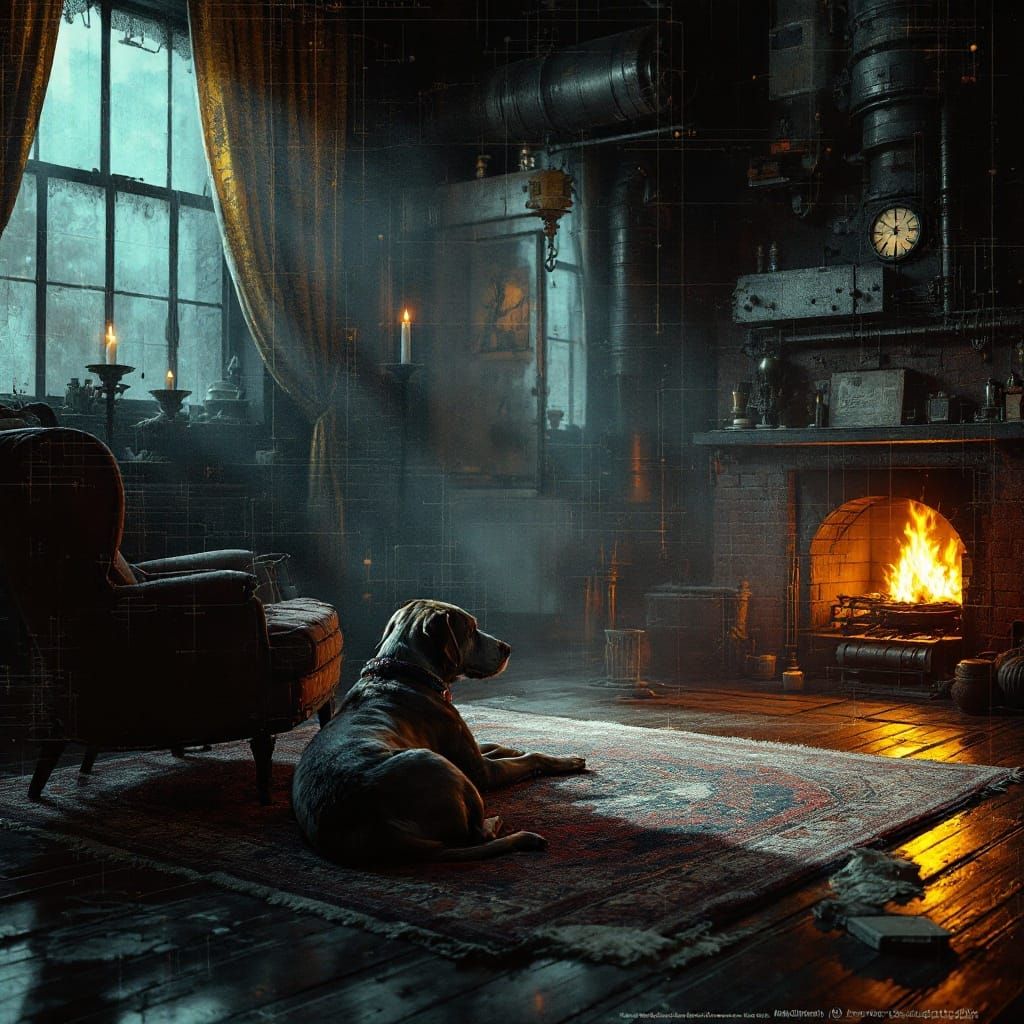 Warmth Amidst Industrial Precision in Chiaroscuro Style