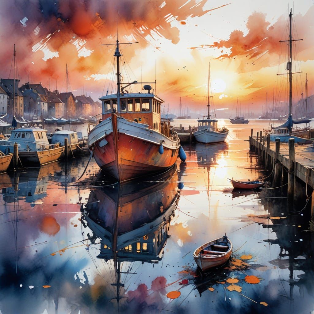 Old Boat at Harbour at Sunset, Watercolour Blend