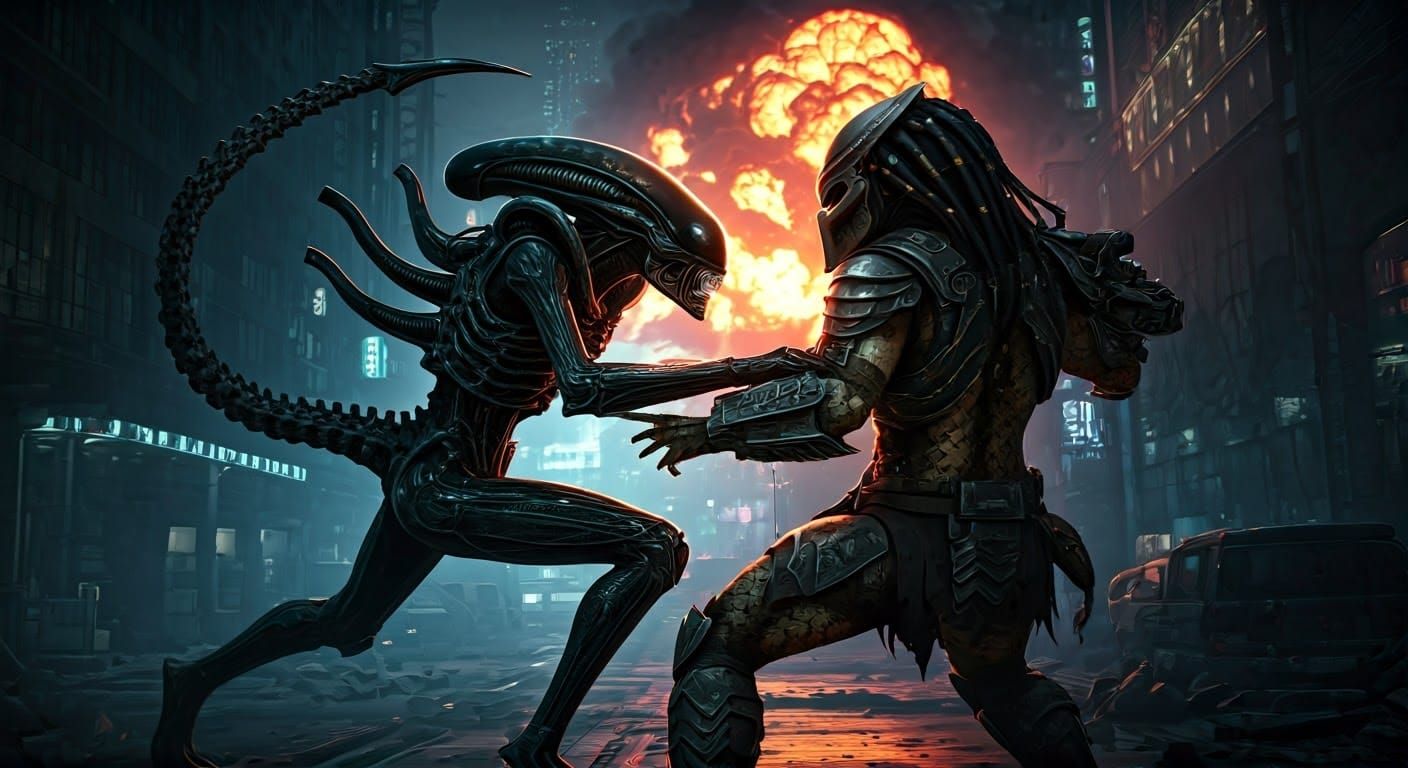 Alien vs Predator in Cyberpunk Cityscape Concept Art