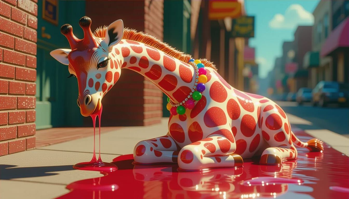 Melting Raspberry Ice Giraffe in Surreal Style