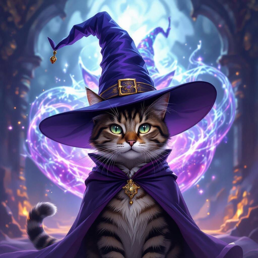 Wizard Cat and Genie in Fantasy Art Style