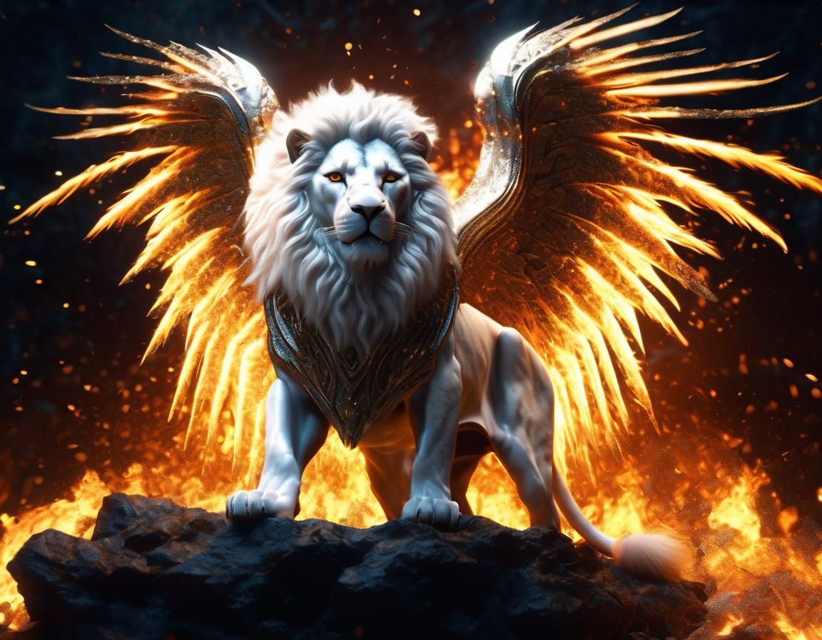 Epic Winged White Lion in Fire: Photorealistic CGI