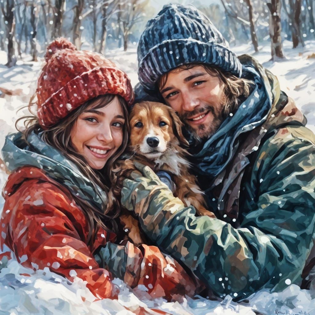 Cozy Winter Cuddle in Realistic Painting Style
