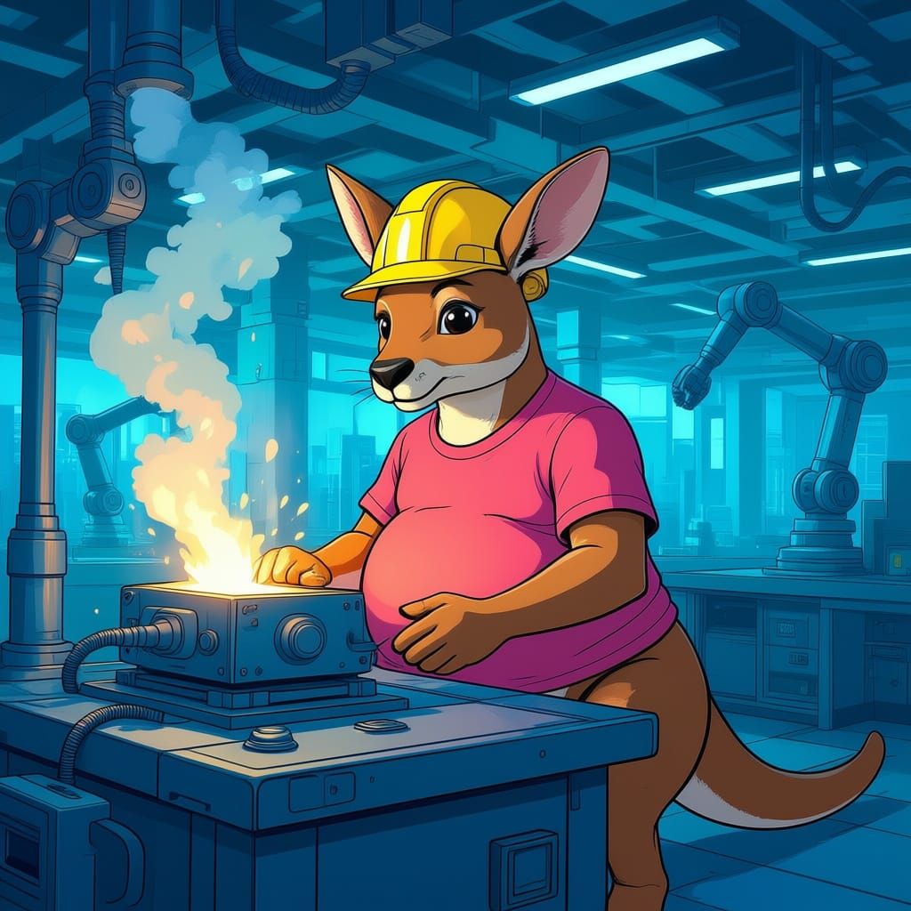 Kangaroo Worker in Pink Shirt and Hard Hat at Factory