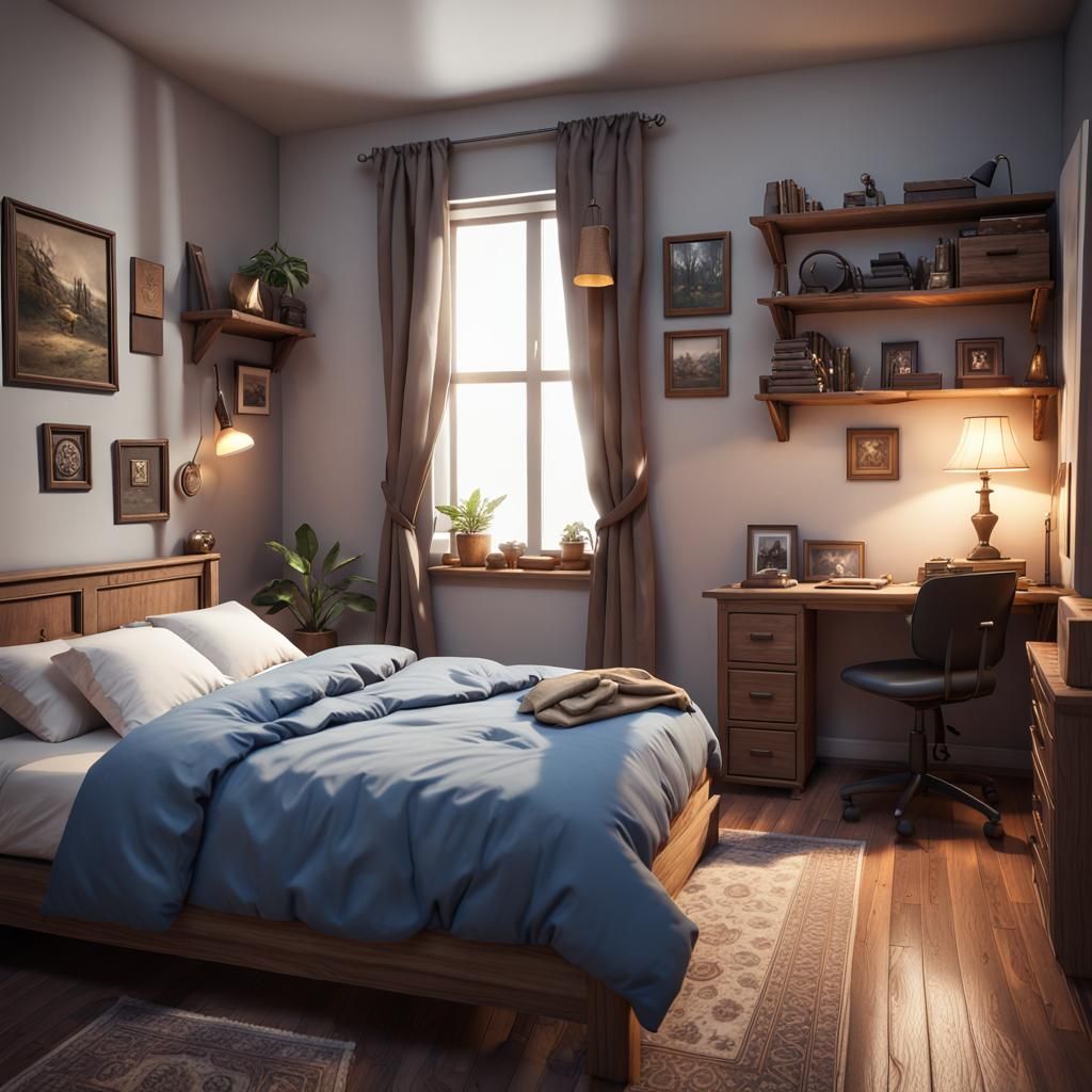 Comfortable Bedroom with Memorabilia in 3D Cinematic Style