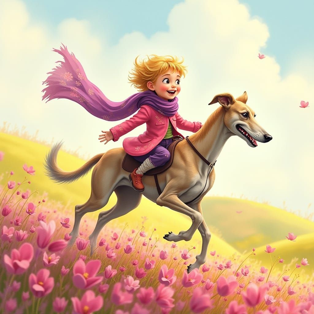 Little Girl Rides Majestic Afghan Greyhound in Whimsical Spr...