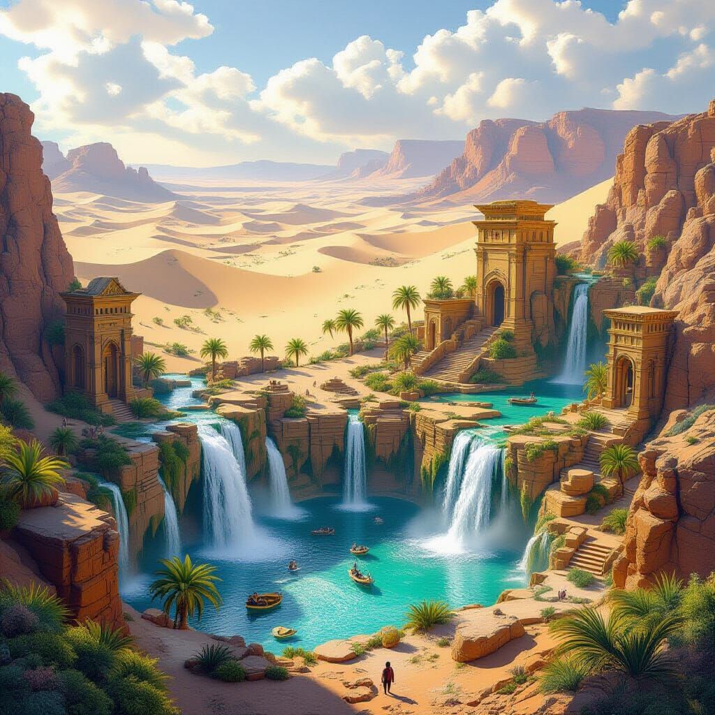 Hidden Desert Oasis with Waterfalls and Ruins