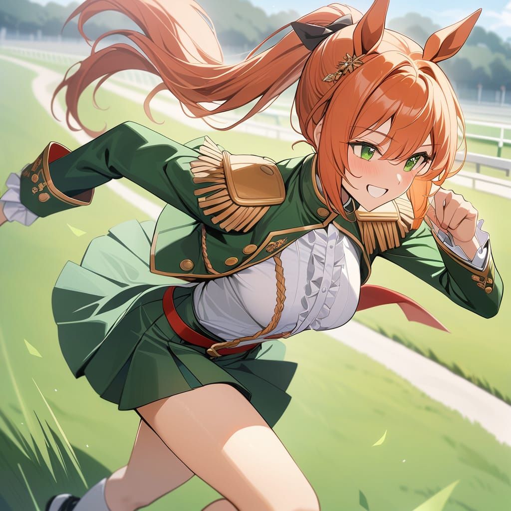 Horse-Girl Running on a Green Turf Track