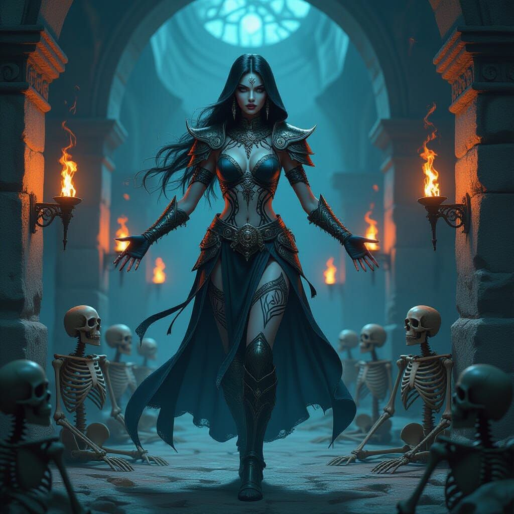 Fantasy Necromancer in Revealing Armor with Tribal Tattoos