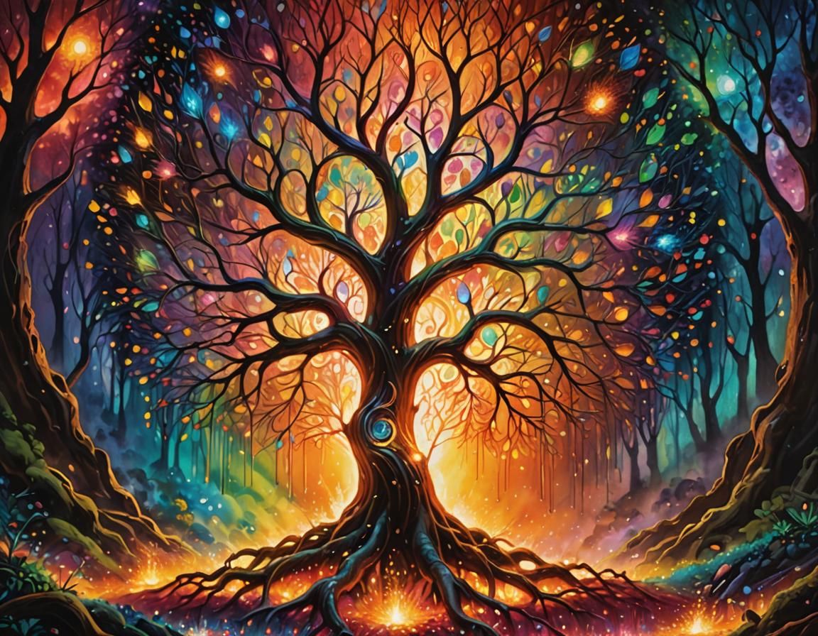 Glowing Rainbow Tree of Life in Magical Forest