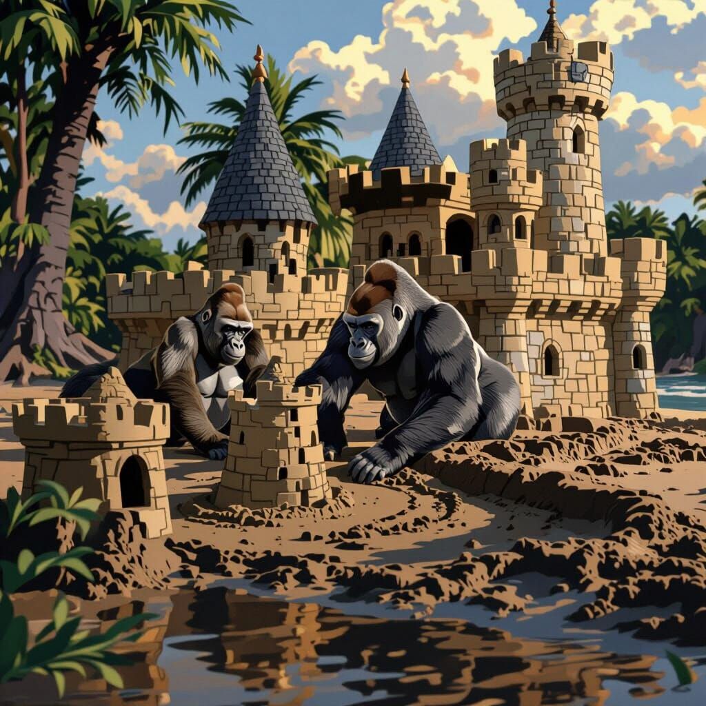 Gorillas Building Sandcastle on Sunny Beach