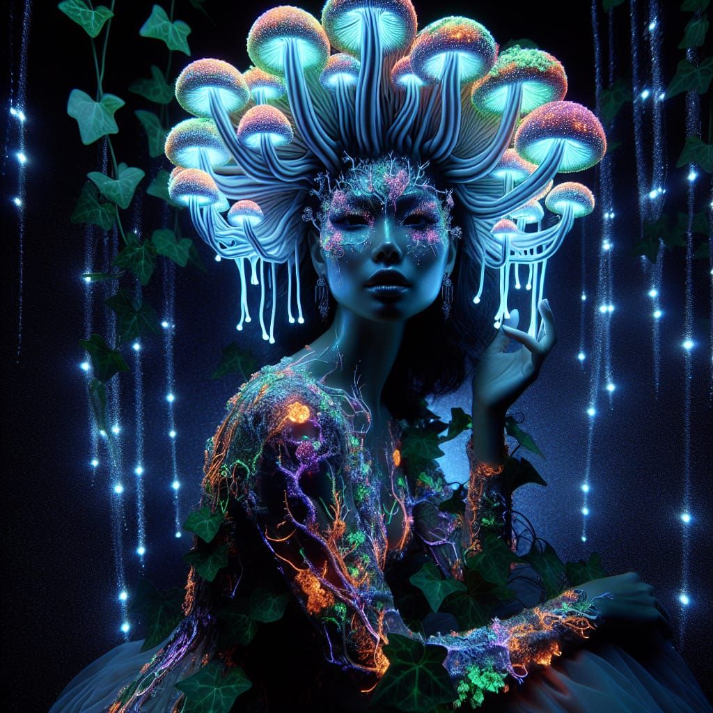 Bioluminescent Mushroom Woman Portrait in Neon Lights