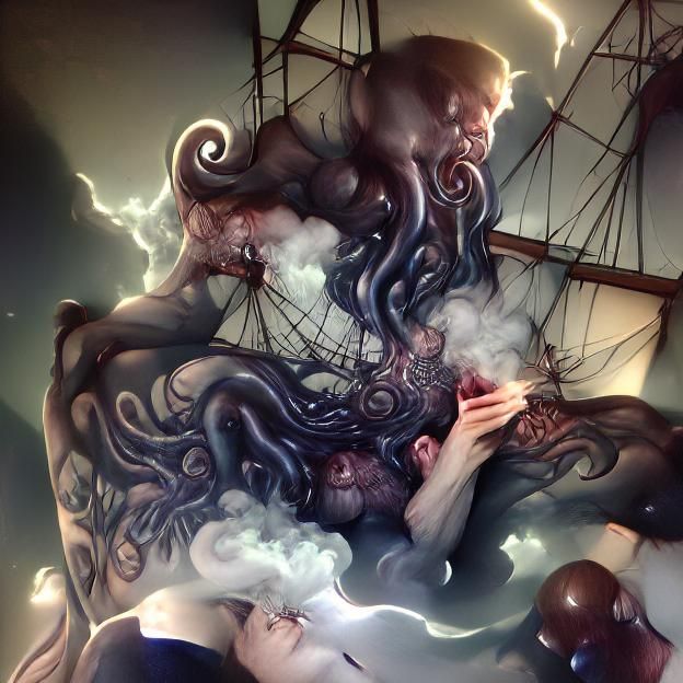 Kraken Attacks Pirate Ship in Lovecraftian Ocean