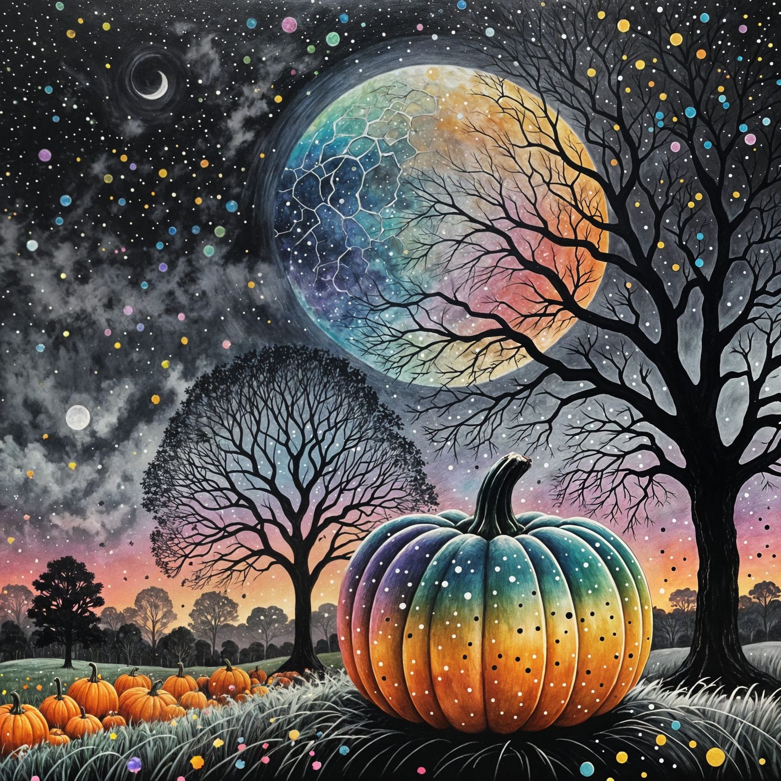Rainbow Pumpkin in Pointillist Pastel Galaxy Dreamscape