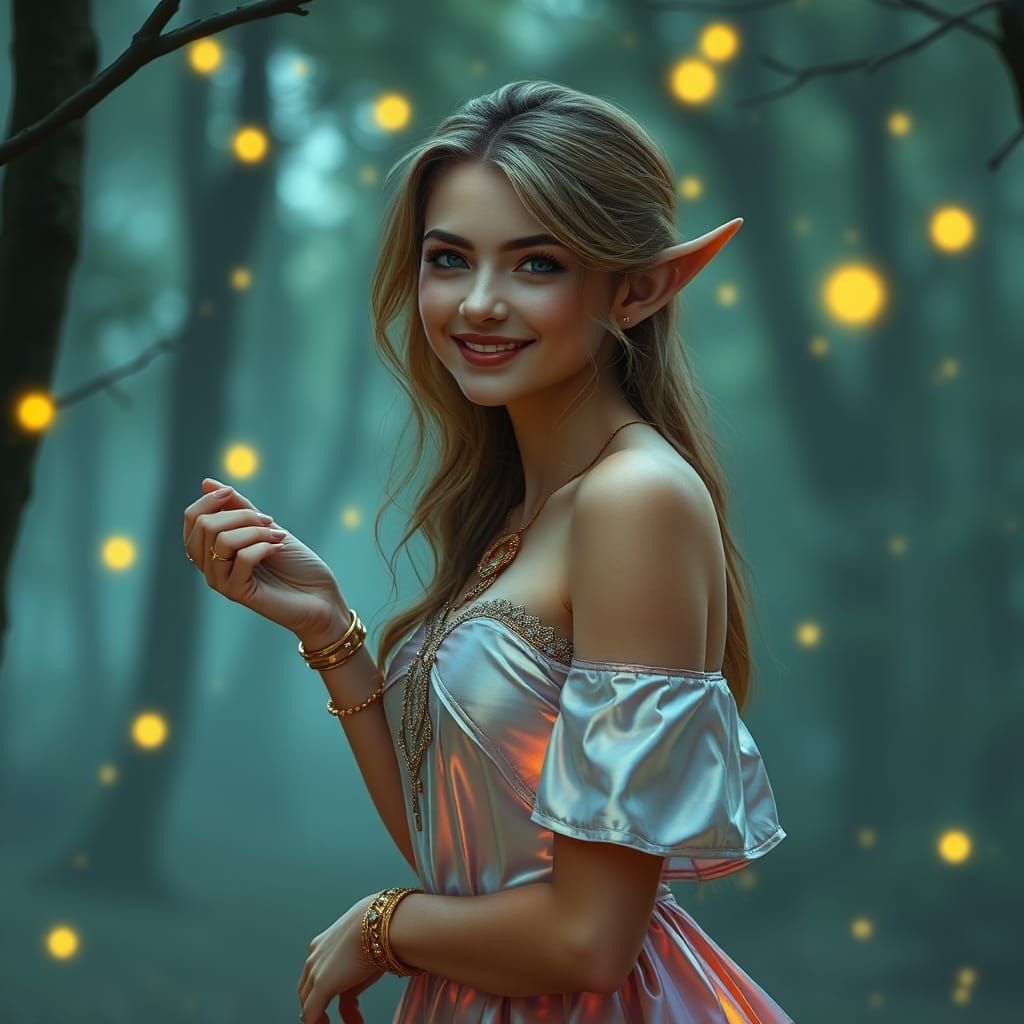 Elf Woman in Firefly Forest: Photorealistic Rendering
