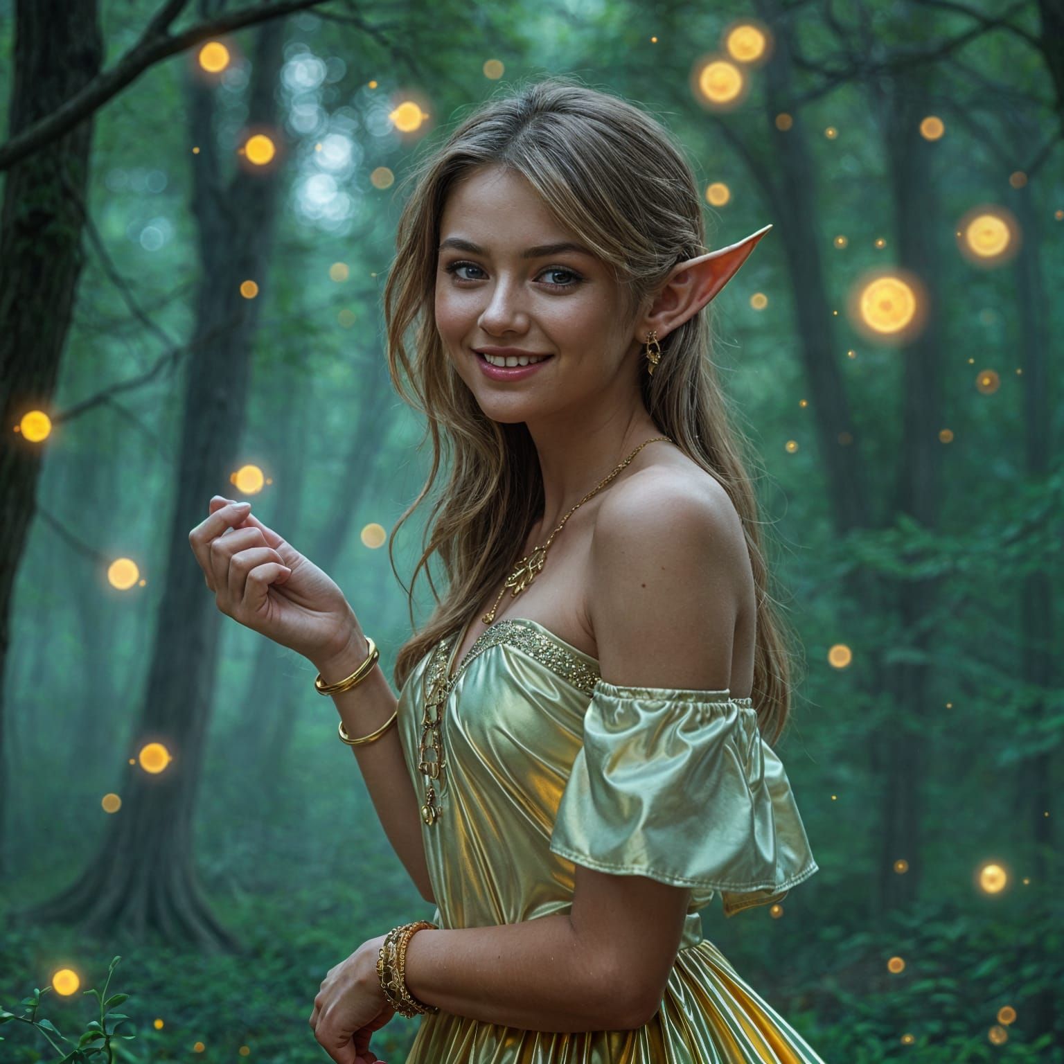 Smiling Elf Woman in Foggy Forest