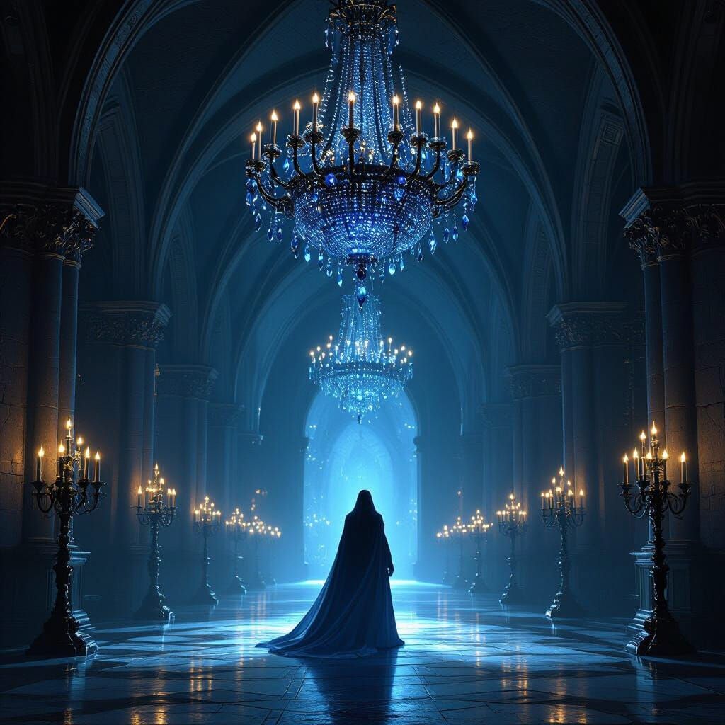 Ethereal Figure Enters Candlelit Castle Hall