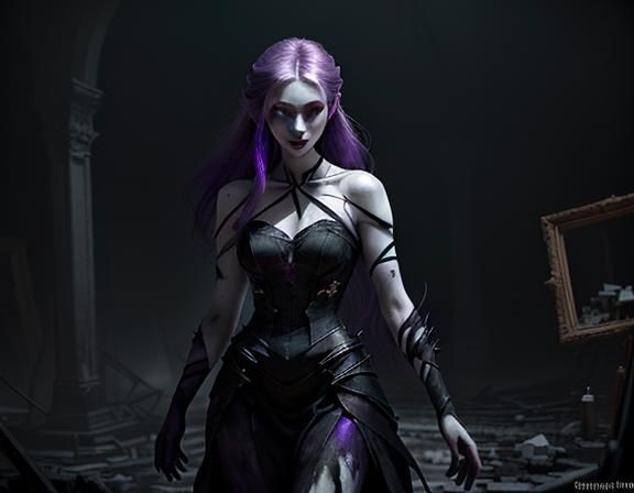 A wet beautiful angry looking, dark pale druidic woman with ...