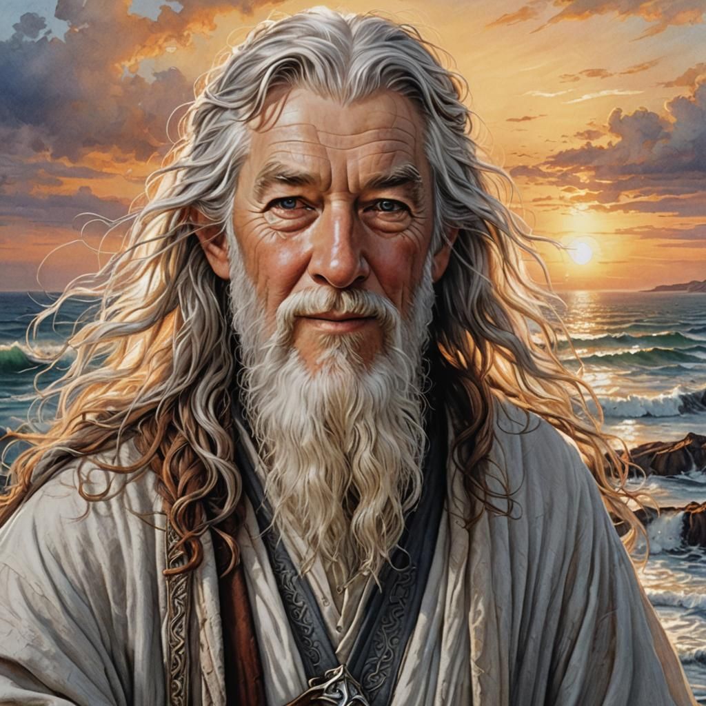 Gandalf Gazing at Sea: Detailed Pencil Art